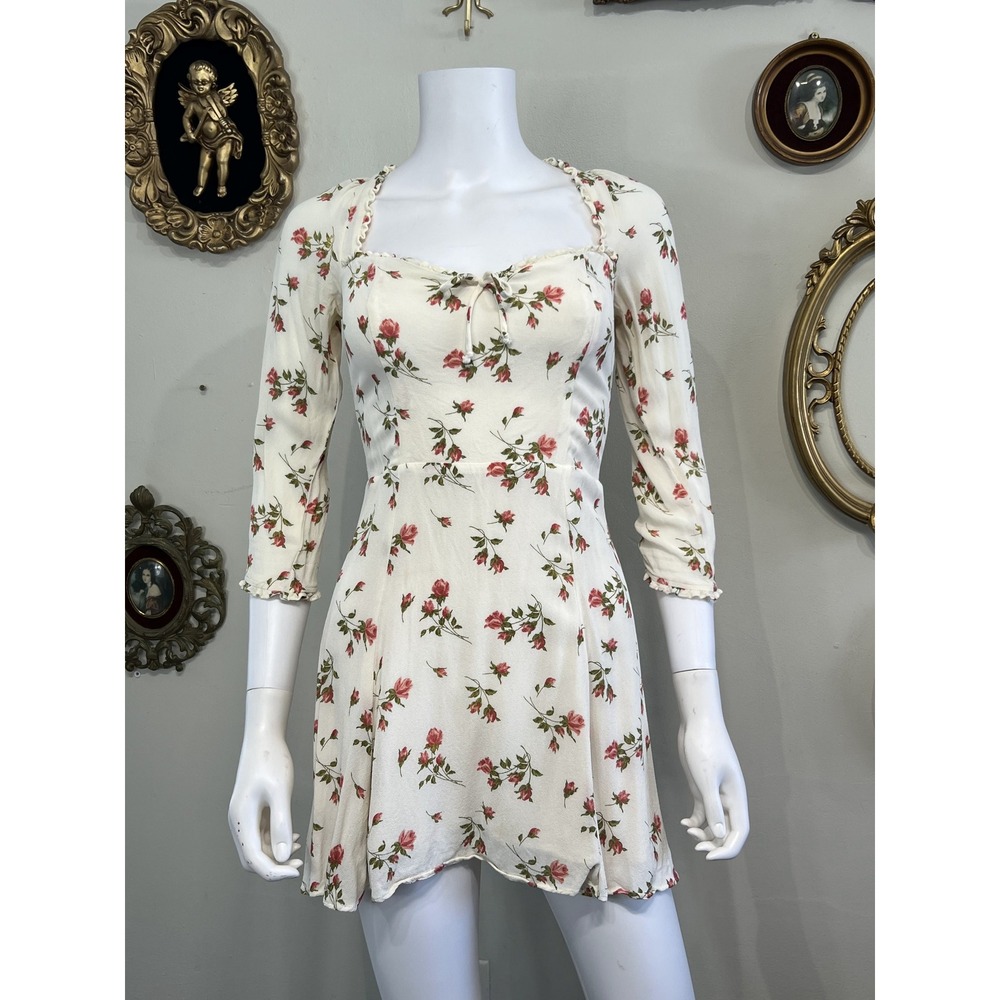 Reformation Remi Cream Pink Rose Floral Print Square Neck Mini Dress Size 8